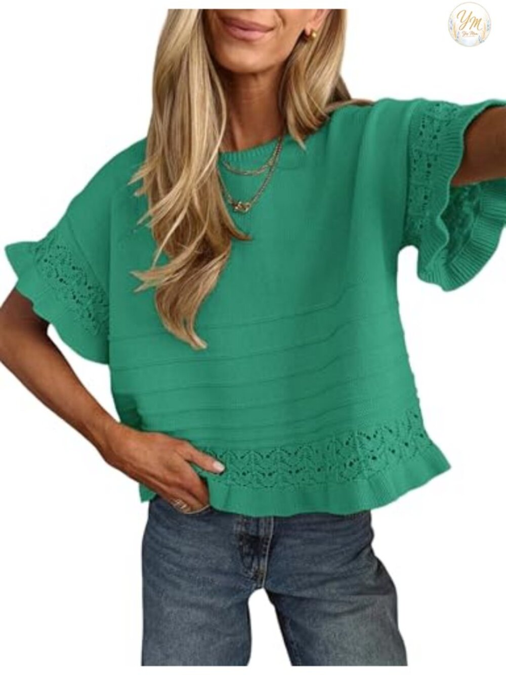 Womens Short Sleeve Knit Pullover Sweater Ruffled Hem Summer Casual Top